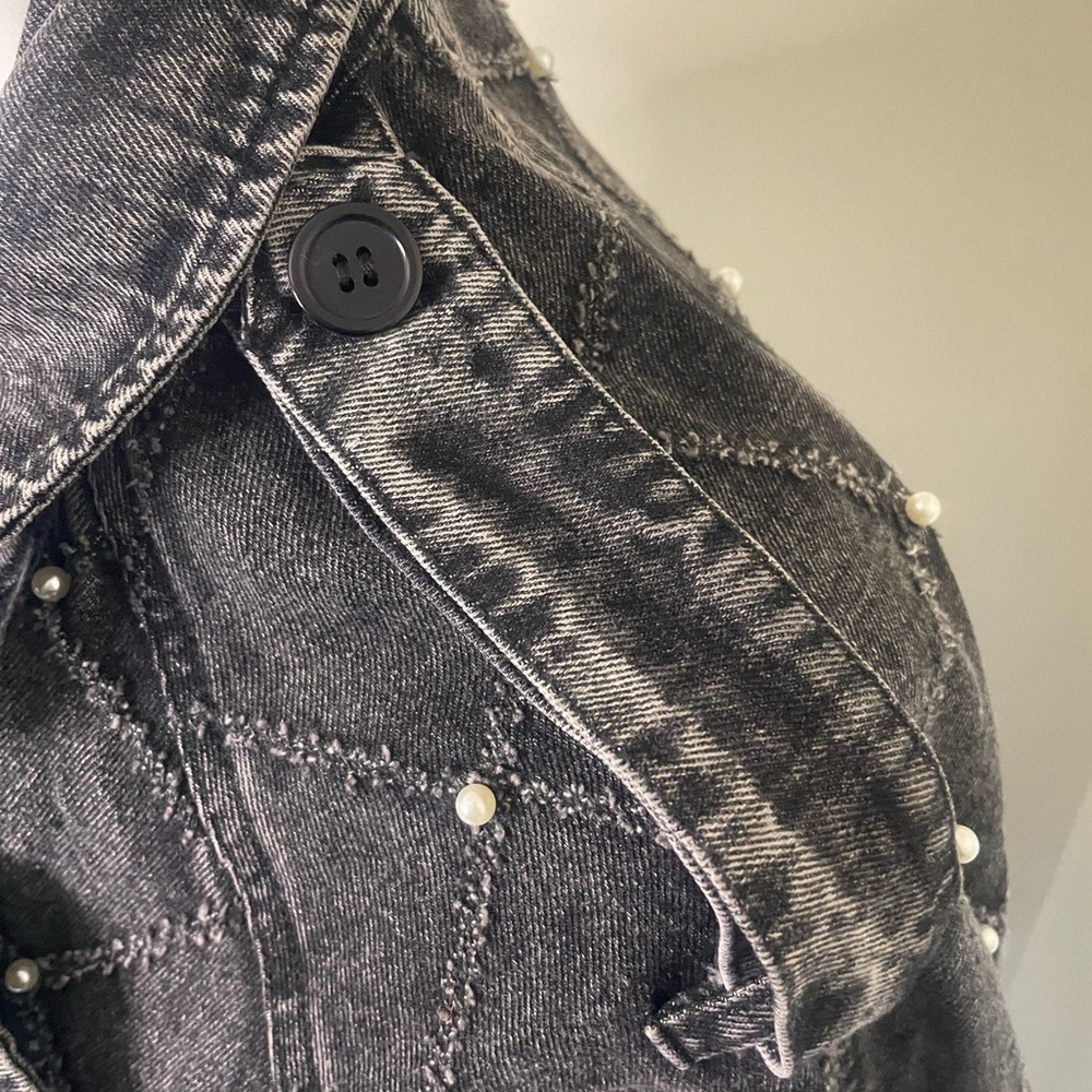Distressed Denim Trench Coat, Black /Gry. w/ Pearl & Silver Accents, S, M , L - Picture 11 of 16